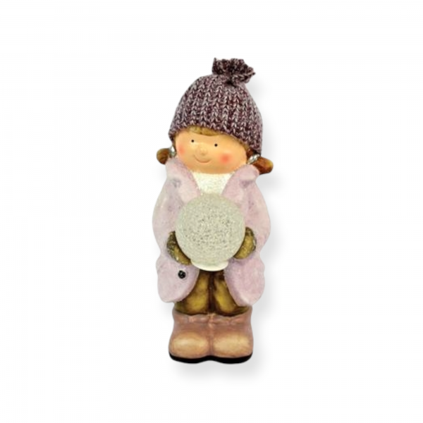 Bambina con Cappello di Lana e Palla di Neve Rosa